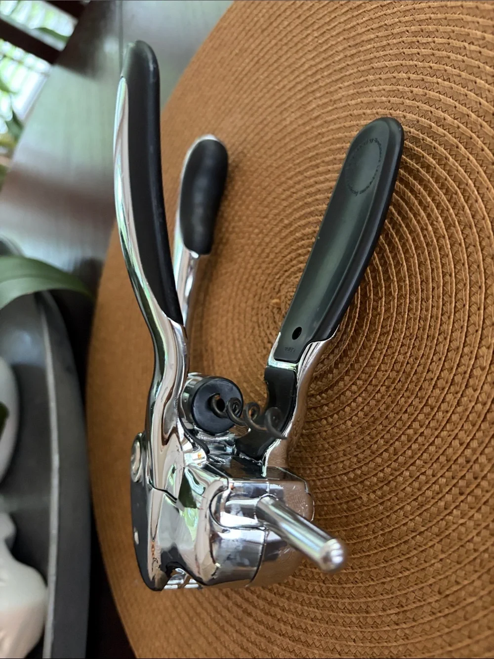 Lever-Style Chrome Corkscrew Wine Opener - Silver with Black Handles